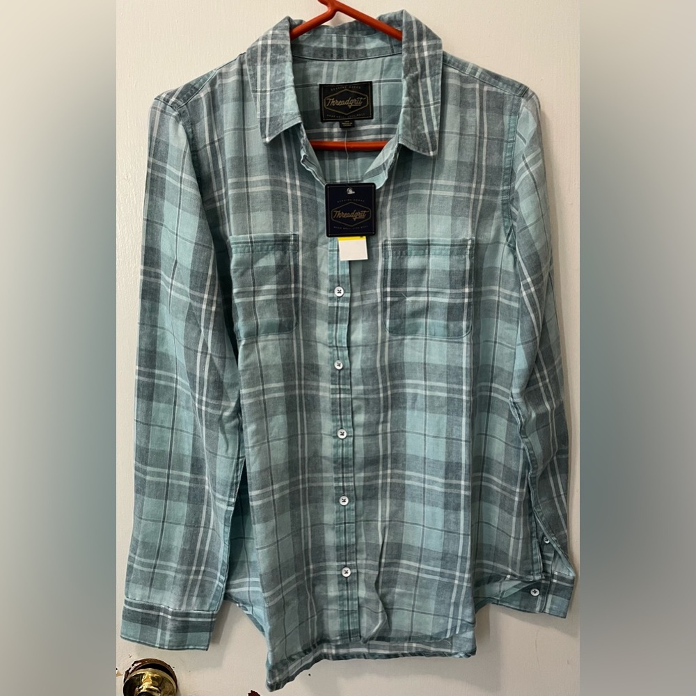 Threadgrit Women’s Teal Plaid Casual Button Up Shirt Long Sleeves Size Medium M